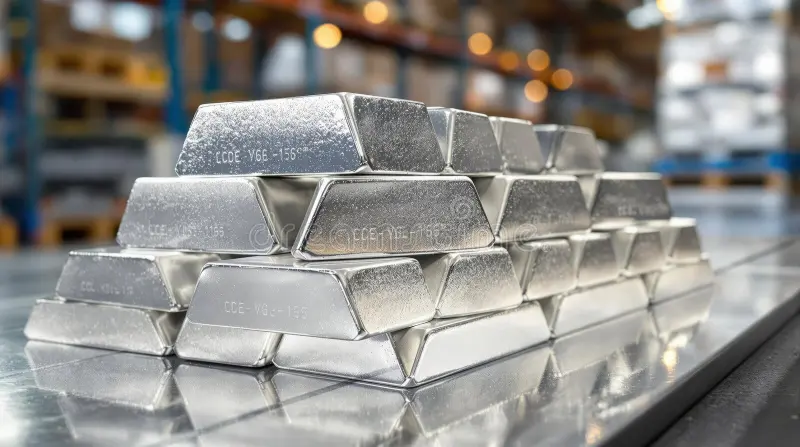 A large warehouse with stacks of silver ingots